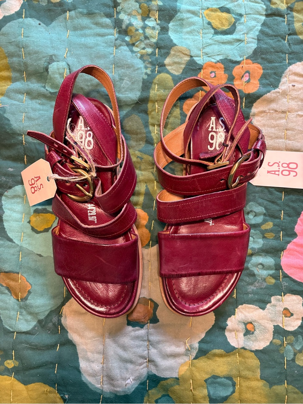 A.S.98 Burgundy Leather Strappy Sandals - Picture 2 of 4